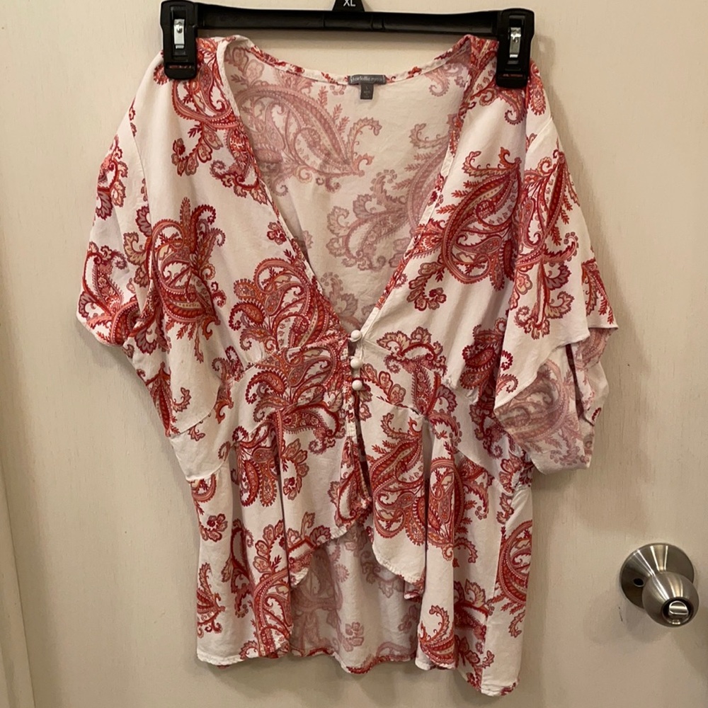 Unique Red Print V Neck Button Blouse